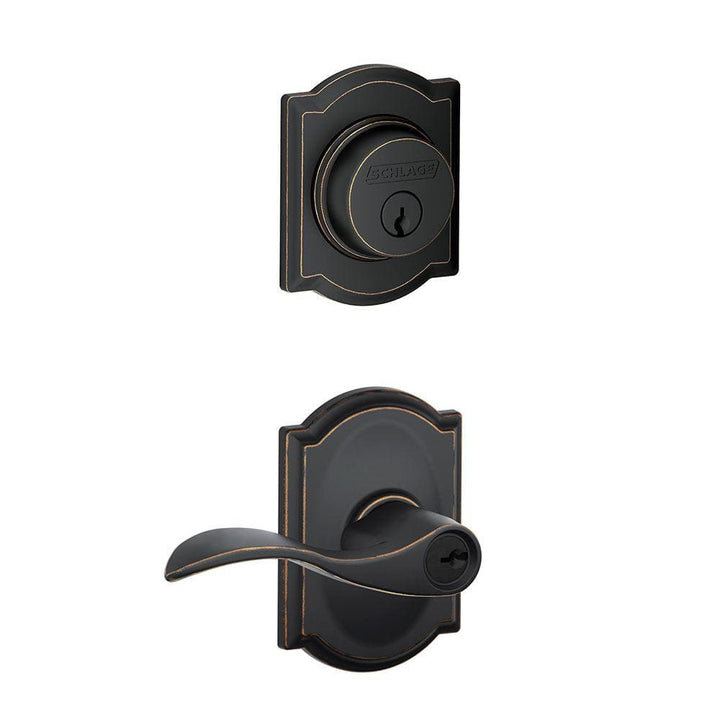 Schlage Camelot Aged Bronze Single Cylinder Deadbolt with Accent Entry Door Lever Combo Pack