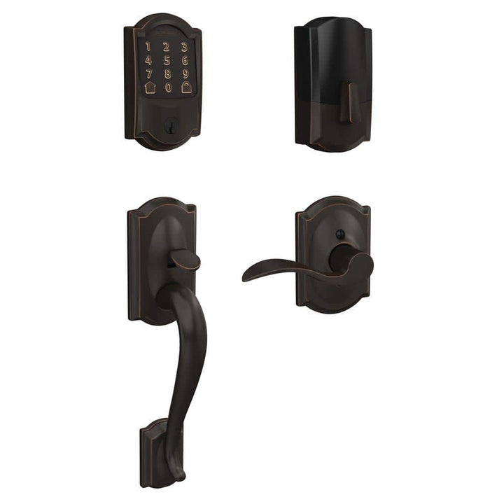 Camelot Aged Bronze Encode Smart Wi‑Fi Deadbolt with Alarm and Camelot Handle Set with Accent Lever, Camelot Trim