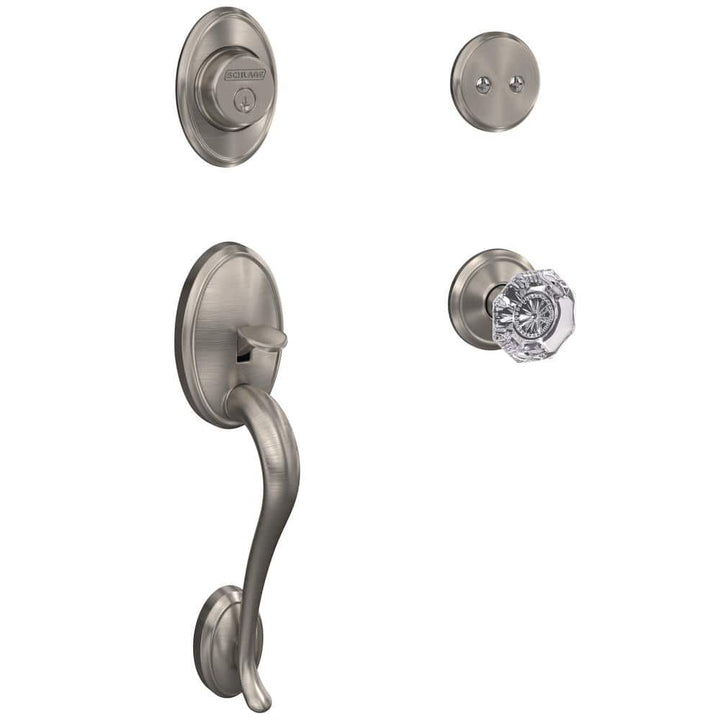 Schlage Wakefield Aged Bronze Dummy Door Handleset with Alexandria Glass Door Knob and Alden Trim