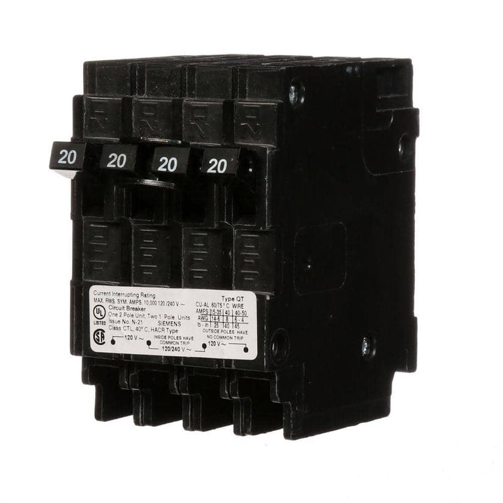 Siemens Triplex Two Outer 20 Amp Single-Pole and One Inner 20 Amp Double-Pole Circuit Breaker