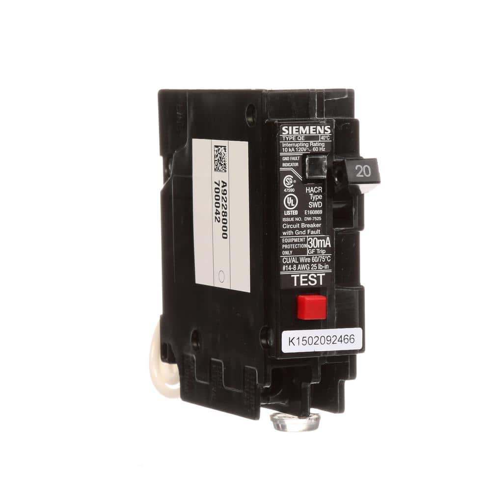 Siemens 20 Amp Single Pole Type QE Ground Fault Equipment Protection Circuit Breaker