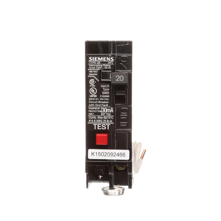 Siemens 20 Amp Single Pole Type QE Ground Fault Equipment Protection Circuit Breaker
