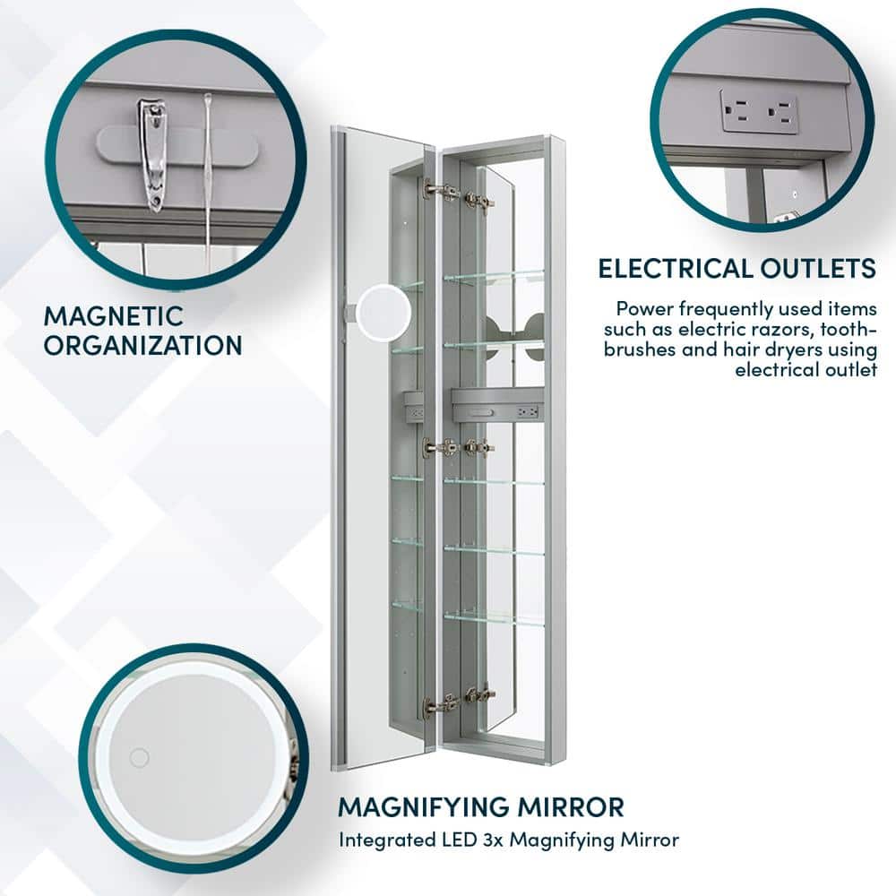 Aquadom Royale 15 in. W x 70 in. H Rectangular Medicine Cabinet with Mirror Defogger, Removable 3X Magnifying Mirror, Left Hinge