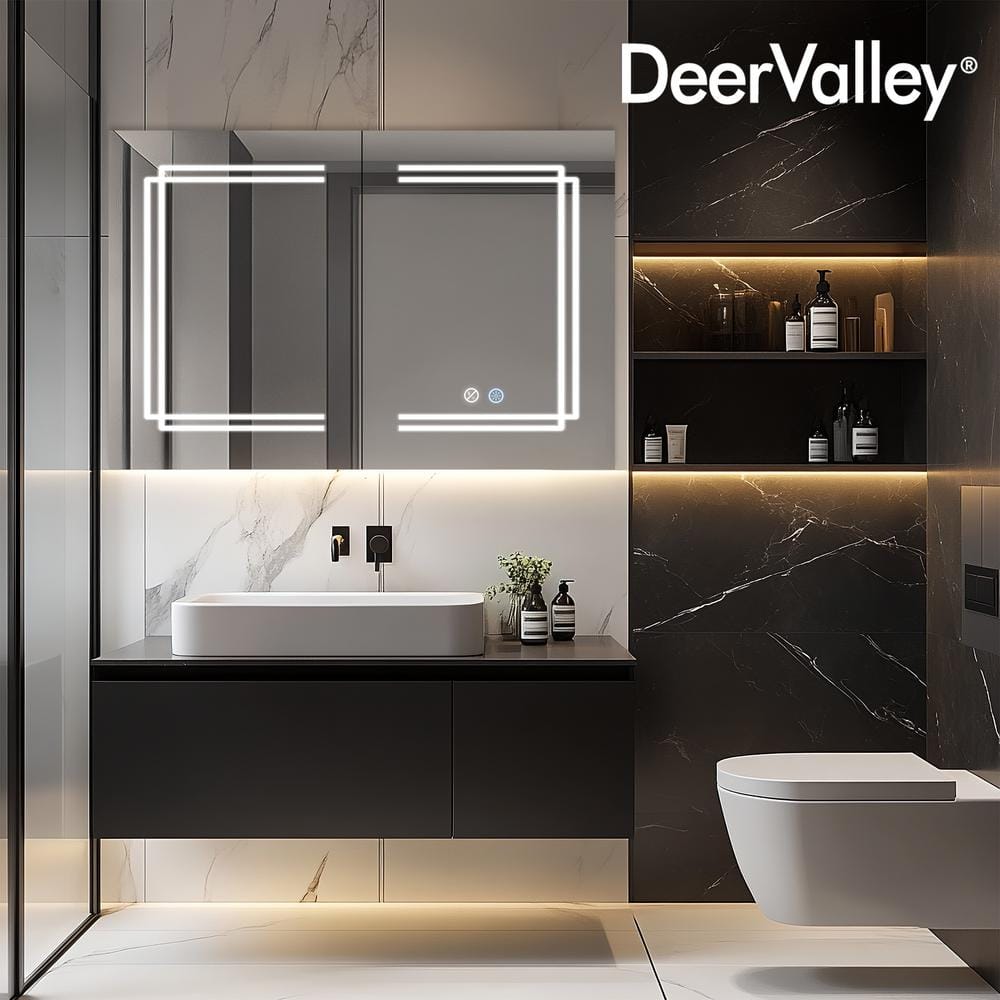 DEERVALLEY 36 in. W x 24 in. H Rectangular Silver Aluminum Surface LED Light Medicine Cabinet with Mirror, Defog, Bluetooth Speaker