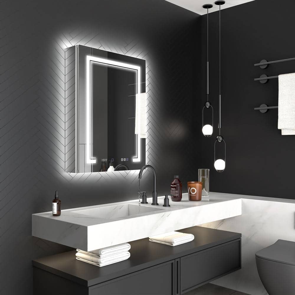 ExBrite Deluxe 24 in. W x 32 in. H Rectangular Recessed/Surface Mount Right Medicine Cabinet with Mirror, Backlit & Front Light