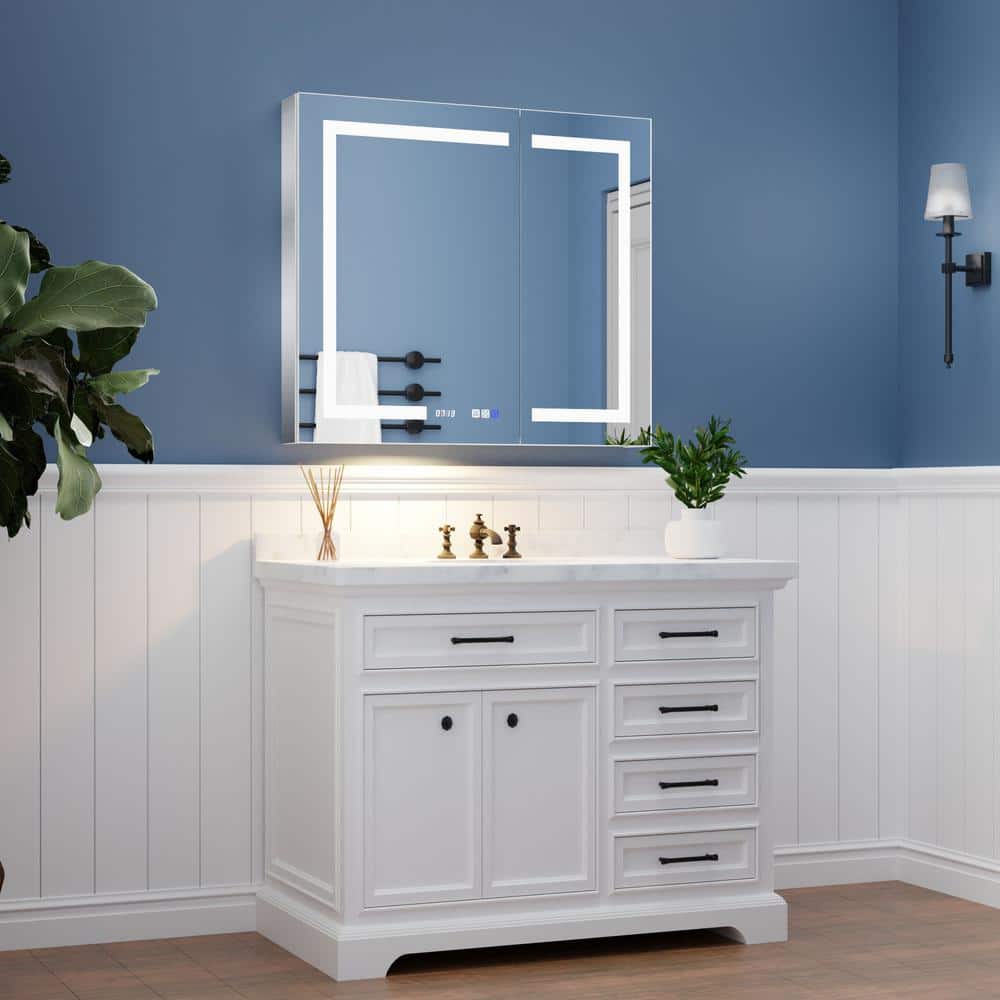 ExBrite 36 in. W x 32 in. H Rectangular Silver Aluminum Recessed/Surface Mount Medicine Cabinet with Mirror, LED and Clock