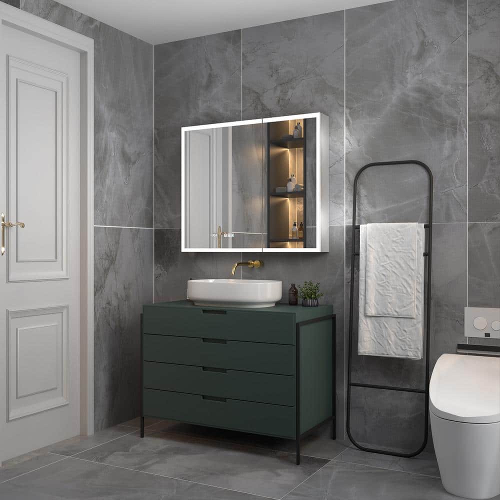 ExBrite 36 in. W x 30 in. H Rectangular Silver Aluminum Recessed/Surface Mount Medicine Cabinet with Mirror, LED and Clock