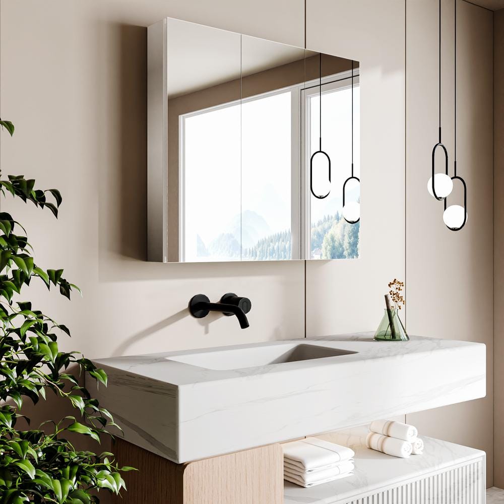 GroGro 12 in. W x 32 in. H Rectangular Aluminum Recessed/Surface Mount Single Medicine Cabinet with Mirror