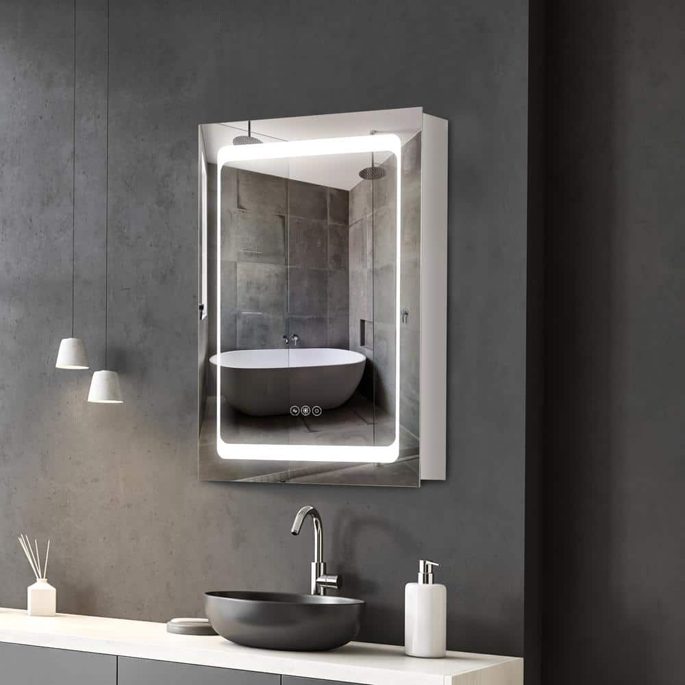 Tileon 19.75 in. W x 27.50 in. H Rectangular Steel Medicine Cabinet with Mirror, Lighted Organizer with 3-Shelves - Silver