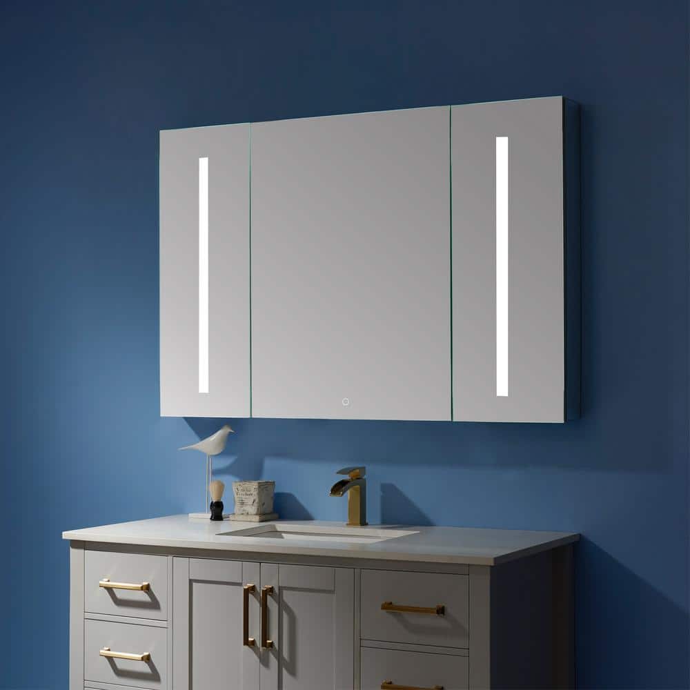 ROSWELL Rieti 48 in. W x 32 in. L Rectangular Surface-Mount LED Glass Surface Mount Medicine Cabinet with Mirror in Silver