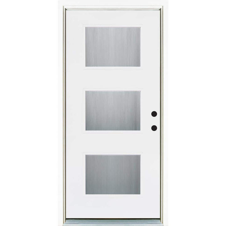 36 in. x 80 in. Smooth White Left-Hand Inswing 3-Lite Water Wave Finished Fiberglass Prehung Front Door