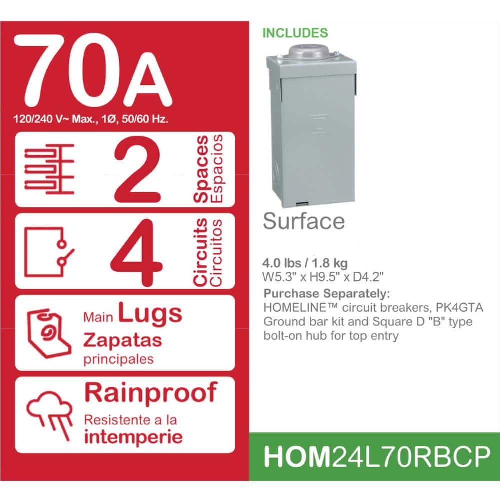 Square D Homeline 70-Amp 2-Space 4-Circuit Outdoor Main Lug Load Center - HOM24L70RBCP