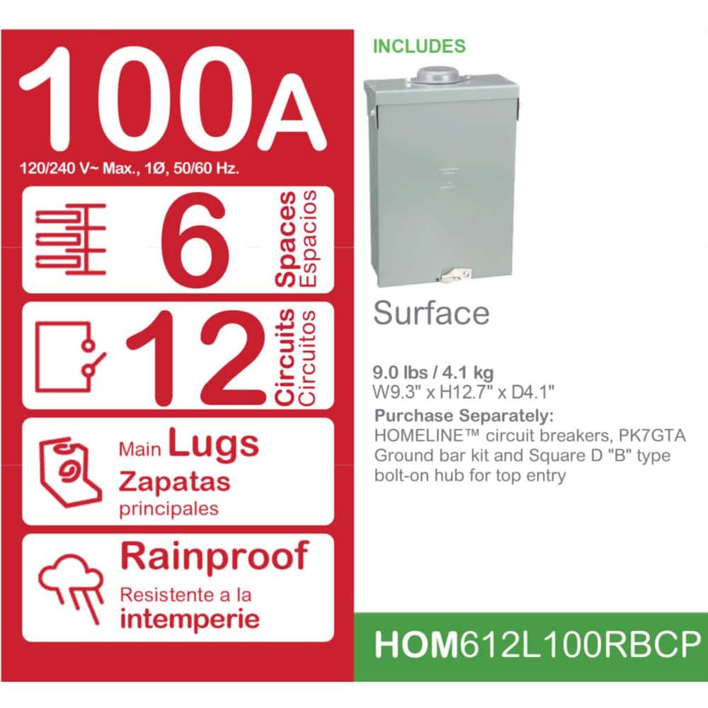 Square D Homeline 100-Amp 6-Space 12-Circuit Outdoor Main Lug Load Center - HOM612L100RBCP