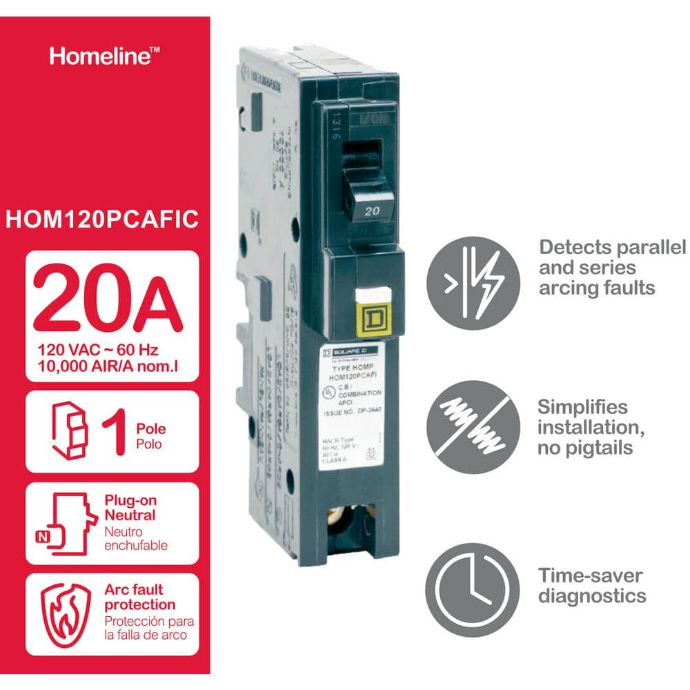 Square D Homeline 20 Amp Single-Pole Plug-On Neutral Combination Arc Fault Circuit Breaker(HOM120PCAFIC)