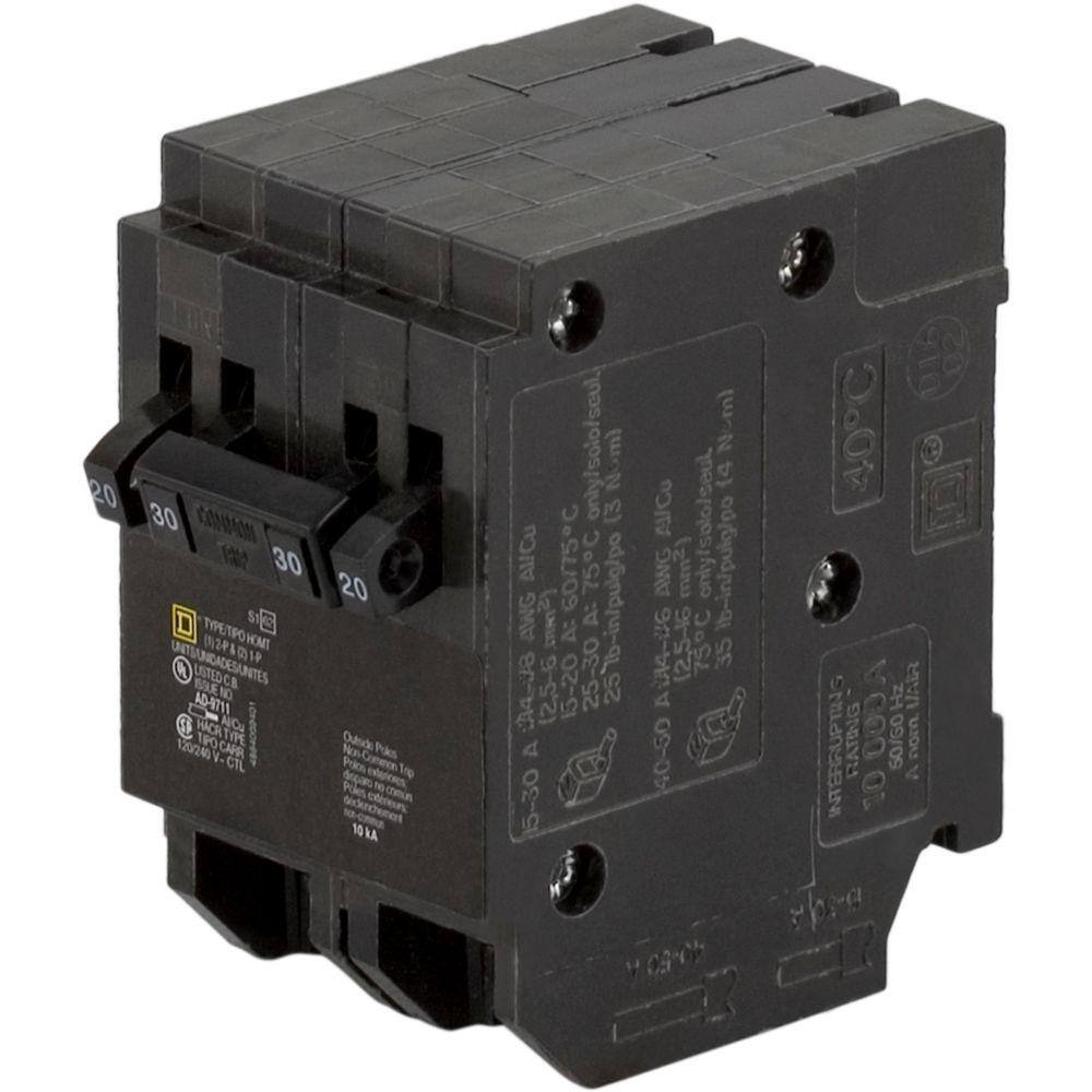 Square D Homeline 2-20 Amp Single-Pole 1-30 Amp 2-Pole Quad Tandem Circuit Breaker