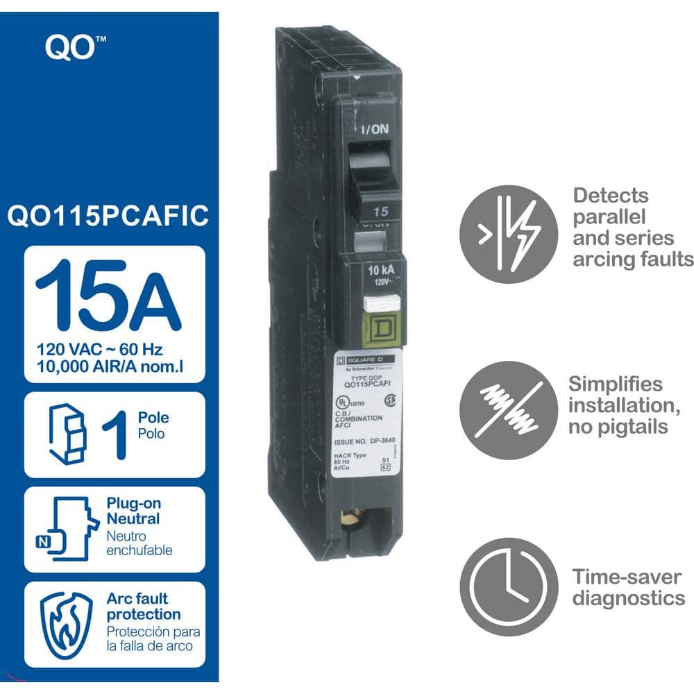 Square D QO 15 Amp Single-Pole Plug-On Neutral Combination Arc Fault Circuit Breaker