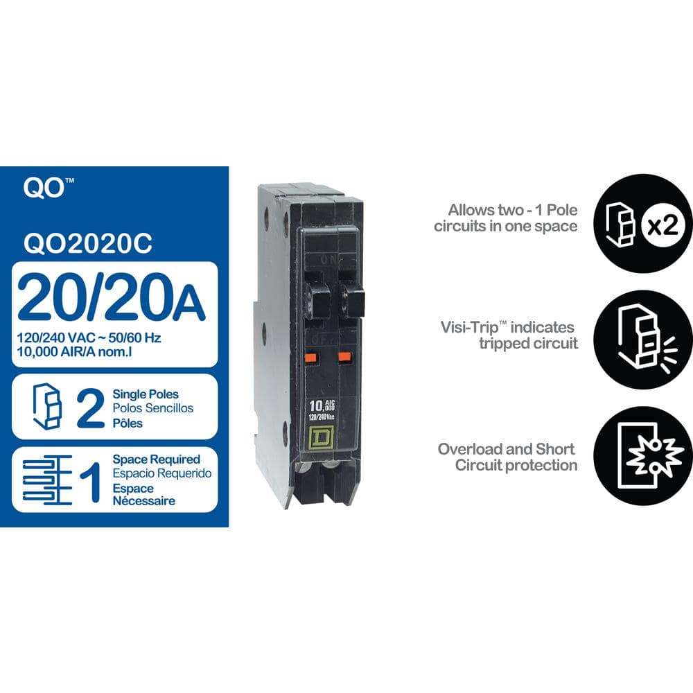 Square D QO 2-20 Amp Single-Pole Tandem Circuit Breaker