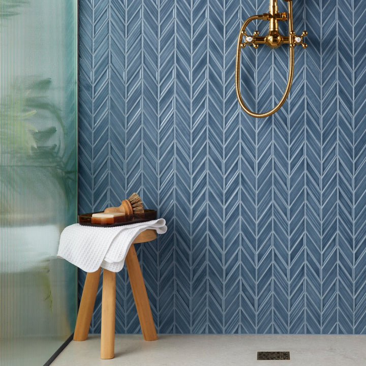 Brookline Chevron Coastal Blue 1x5 Glossy Ceramic Mosaic Tile