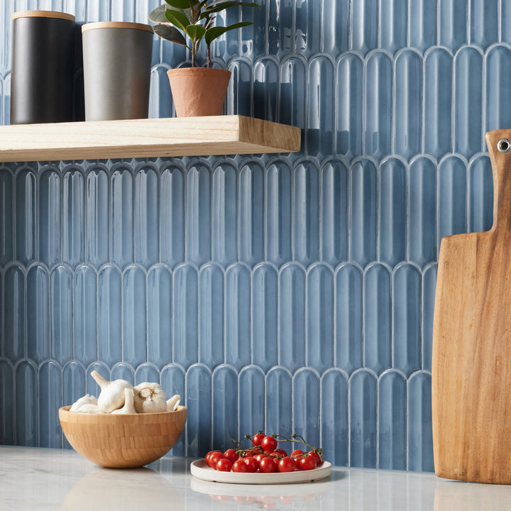 Brookline Feather Coastal Blue Fish Scale Glossy Ceramic Mosaic Tile - 2x7