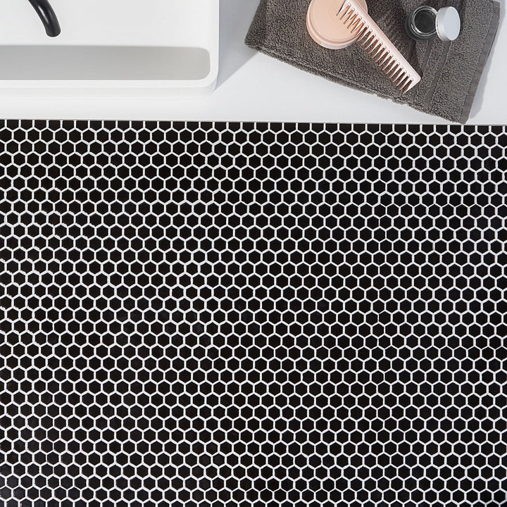 Eden Black 1" Hexagon Polished Porcelain Mosaic Tile
