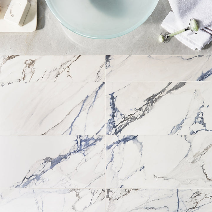 Calacatta Azur 12x24 Polished Porcelain Tile - Lux Tile