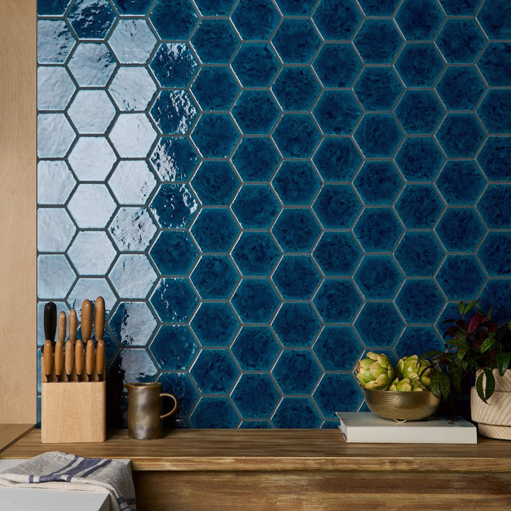 Breeze Ocean Blue 4.5" Hexagon Crackled Glossy Porcelain Tile by Lux Tile