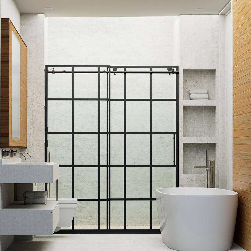 Staykiwi 60 in. W x 76 in. H Sliding Semi-Frameless Shower Door in Matte Black Finish with Patterned Glass