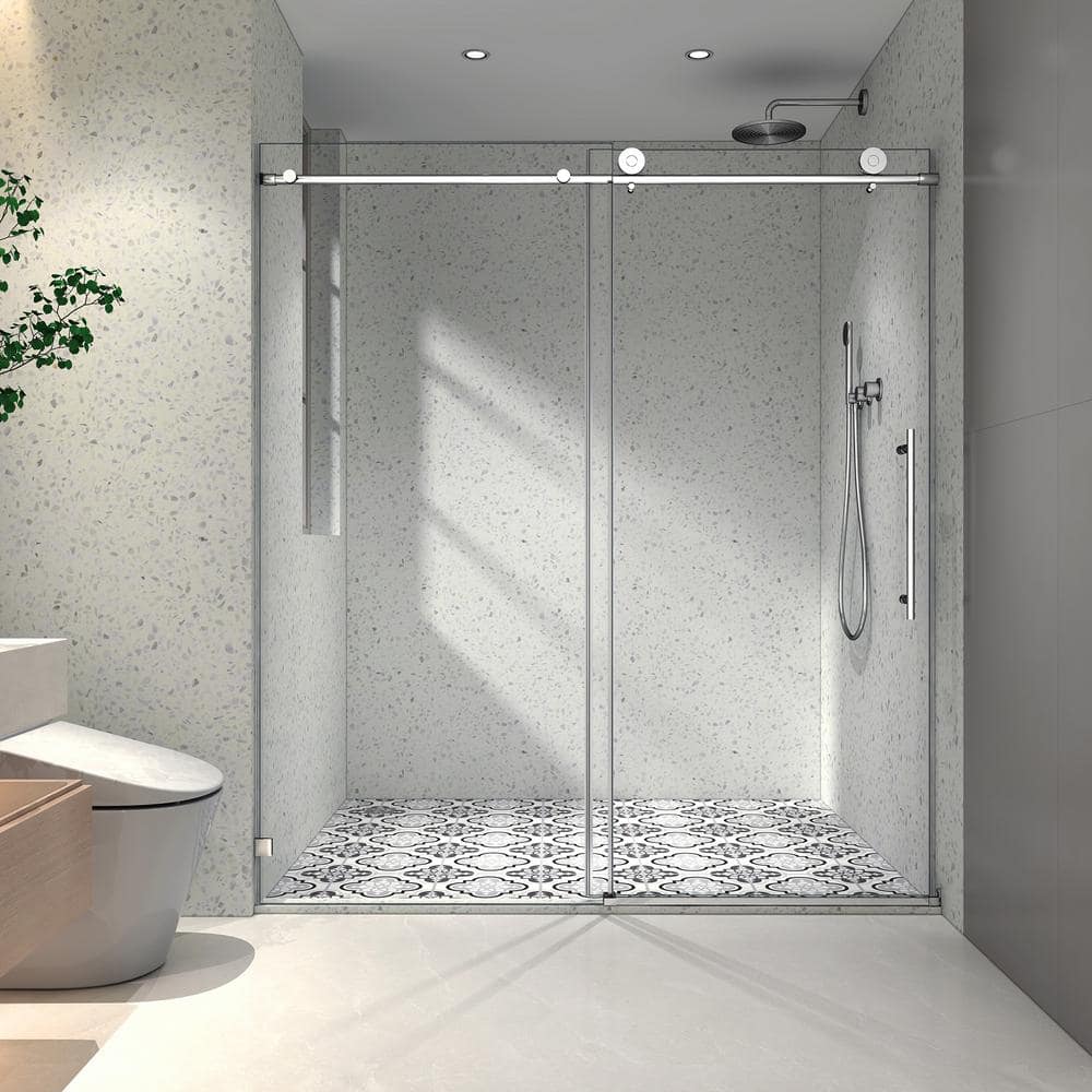Staykiwi 60 in. W x 76 in. H Sliding Frameless Shower Door in Brushed Nickel Finish with Clear Glass