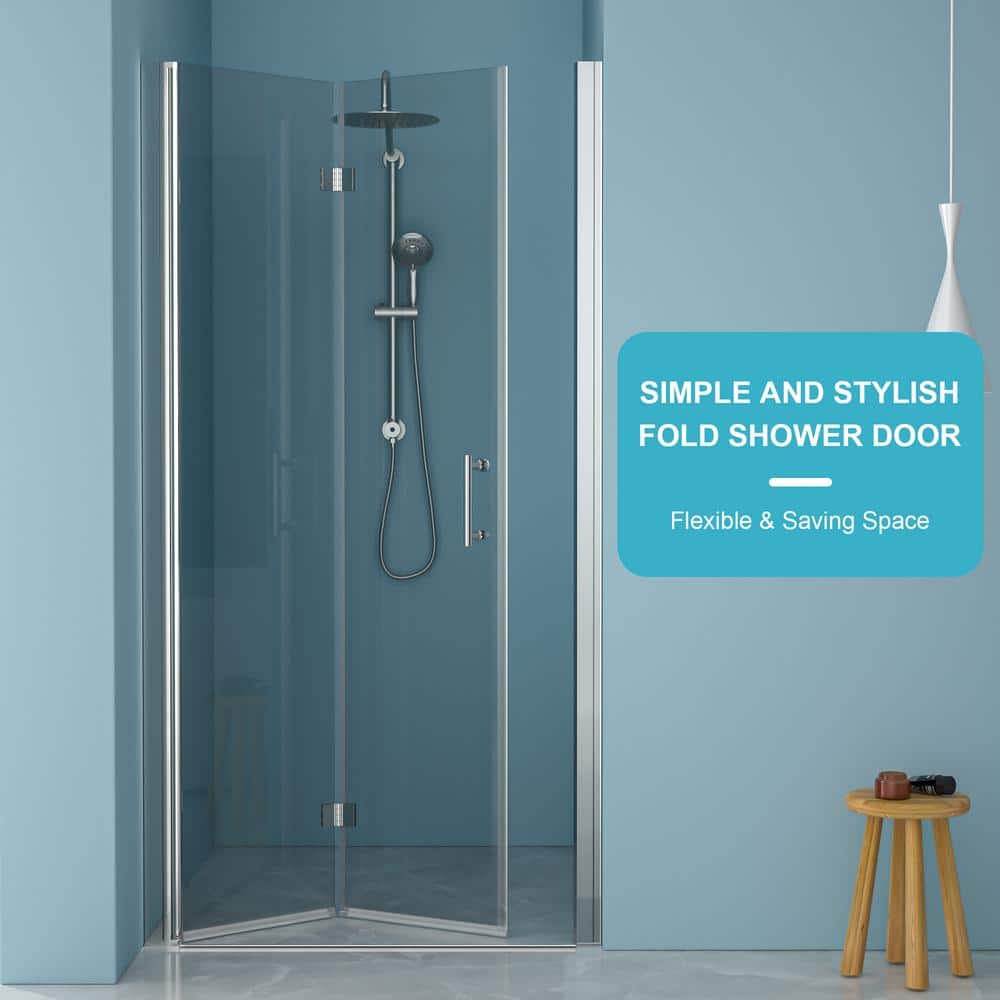 stufurhome LOD 32 in. W x 72 in. H Bifold Shower Semi-Frameless Shower Door in Chrome Finish with Clear Glass