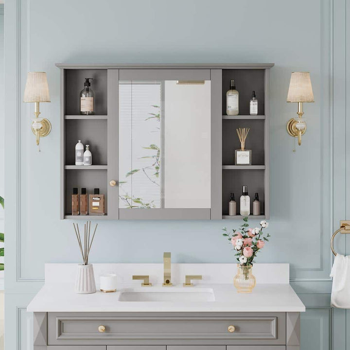 ANGELES HOME 42 in. W x 30 in. H Rectangular Solid Wood Surface Mount Medicine Cabinet with Mirror, 2 Soft-Closed Doors, Assembled