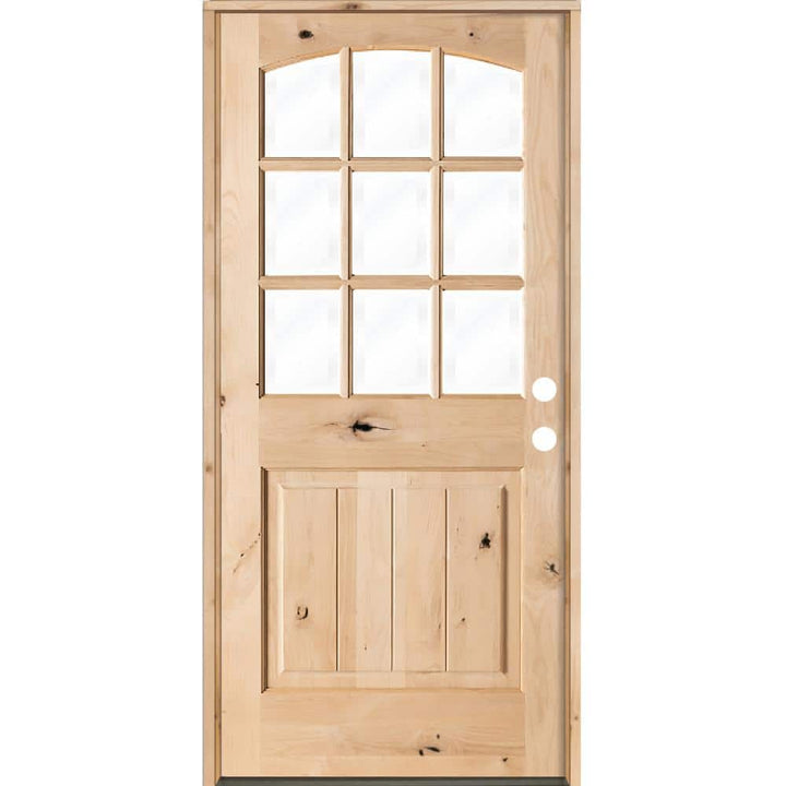 36 in. x 80 in. Krosswood Doors Knotty Alder Left-Hand/Inswing 9-Lite Arch Top V-Panel Clear Glass Unfinished Wood Prehung Front Door