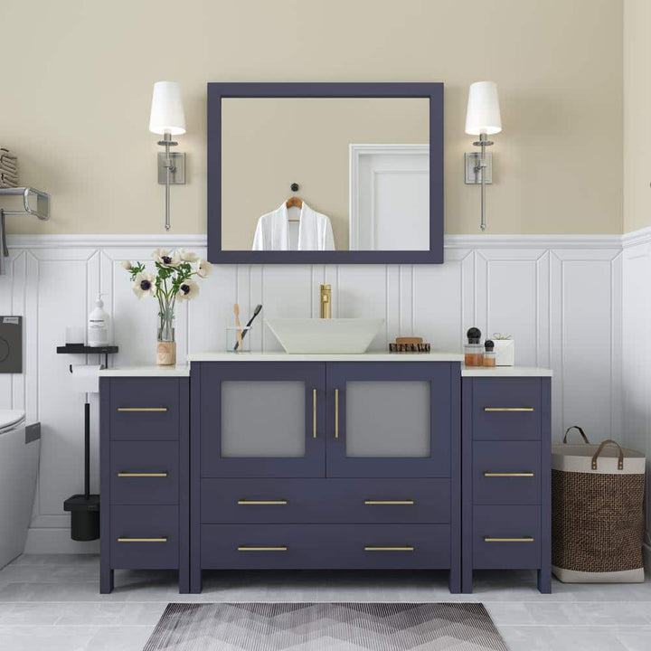 Vanity Art Ravenna 60 in. W Single Basin Bathroom Vanity in Blue with White Engineered Marble Top and Mirror