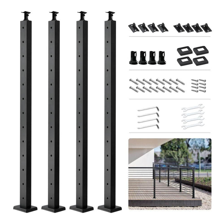 VEVOR Cable Railing Post 42 in. x 1 in. x 2 in. Steel Horizontal Hole Deck Railing Post with Horizontal and Curved Bracket