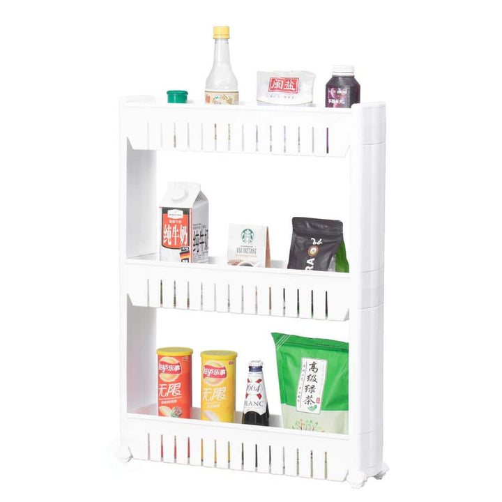 Basicwise Ready to Assemble 5 in. x 21 in. x 28.25 in. Plastic Pantry Storage Kitchen Cabinet 3-Shelf Cart Rack Tower Wheels White