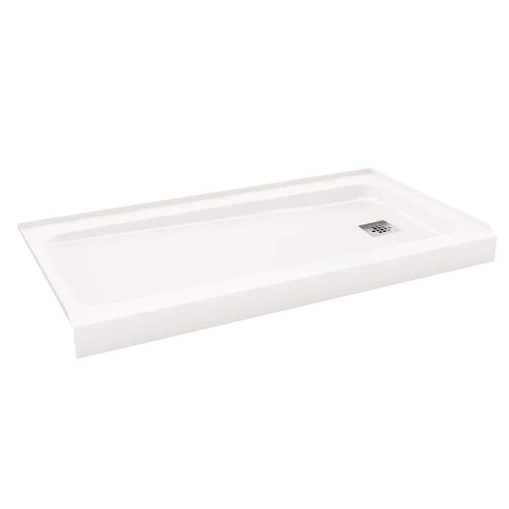 ShowerCast Plus 60 in. x 32 in. Single Threshold Shower Pan in White with Square Chrome Shower Drain Cover Right Drain