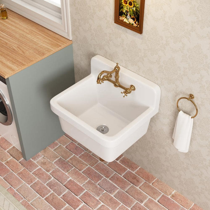 DEERVALLEY 10 Gallon Ceramic Wall Mount Laundry Utility Sink with Basket Strainer