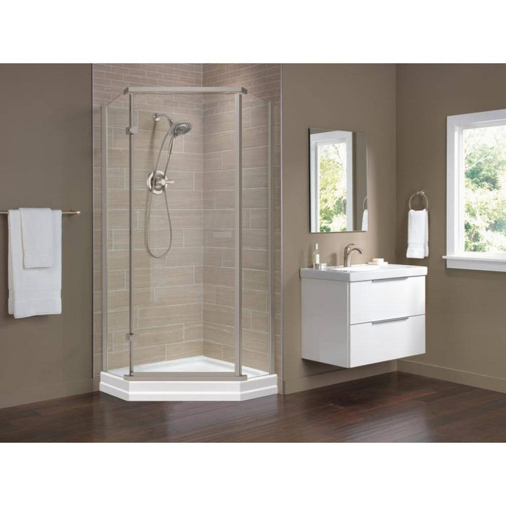 Delta 38 in. x 72 in. Semi-Frameless Pivot Door in Stainless with 38 in. x 38 in. Neo Angle Corner Shower Base in White