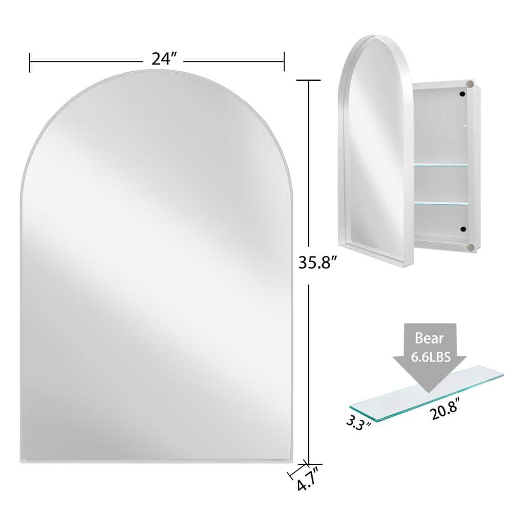 FORCLOVER 24 in. W x 36 in. H Arched Medicine Cabinet with Mirror and Adjustable Shelves Recessed or Surface Mount in White