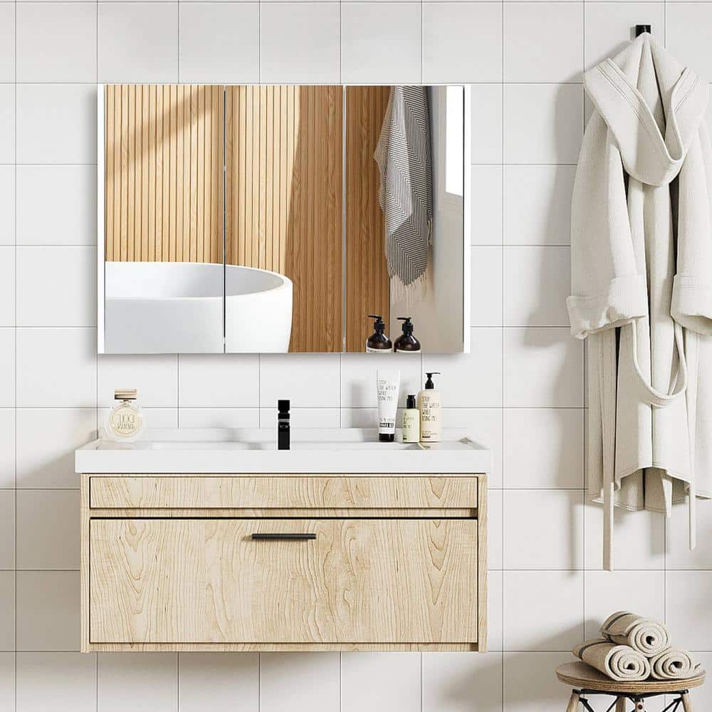 FORCLOVER 3-Door 36 in. W x 25.5 in. H Rectangular White MDF Steel Recessed or Surface Mount Medicine Cabinet with Mirror