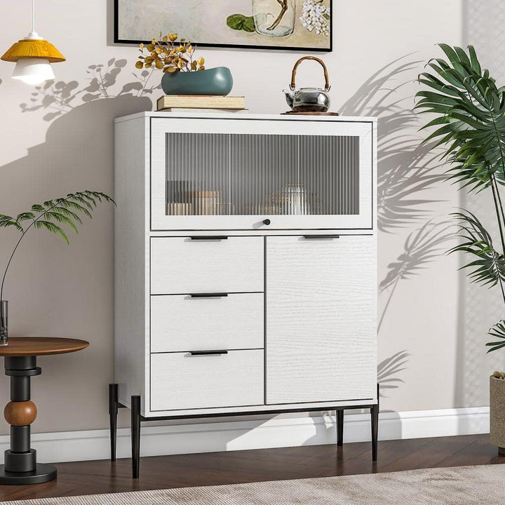 FUNKOL 33.46 in. x 15.74 in. x 47.2 in. White Particleboard Ready to Assemble Kitchen Cabinet w/1 Glass Door 3-Drawers & 1-Door