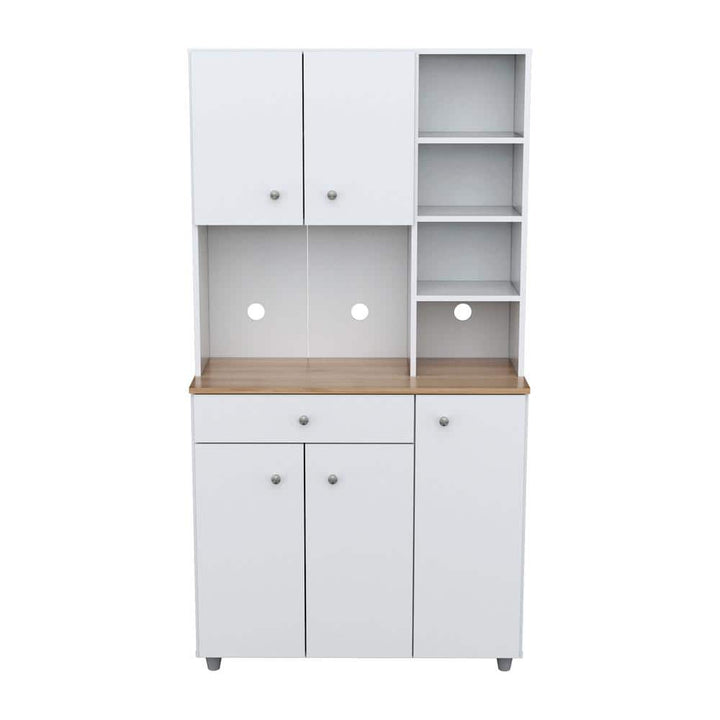 Inval 35.1 in. W x 66.1 in. H x 15.5 in. D Microwave Storage Utility Cabinet in White and Maple with 5 Doors and 10 shelves