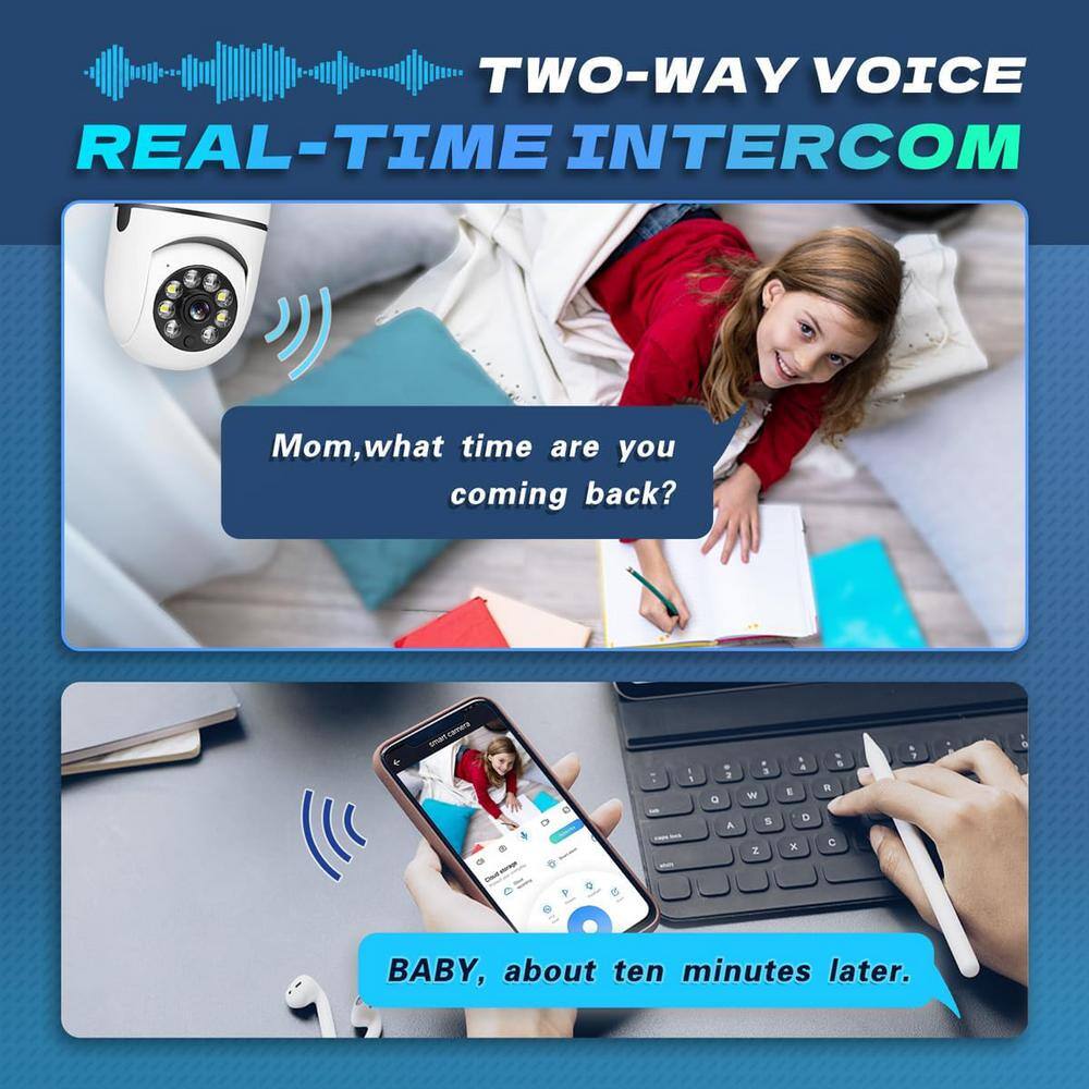 Lukyamzn Wireless Indoor Plug-in WiFi Security Camera with Color Night Vision 2-Way Audio 2.45-5G Siren Alert E27 Socket, White