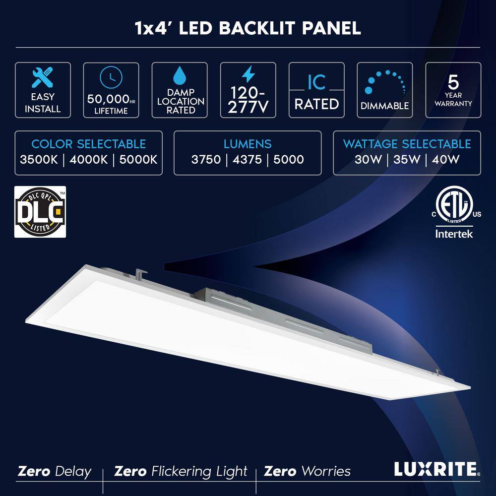 LUXRITE 1 x 4 ft. 3750/4375/5000 Lumen Integrated LED Panel Light 3 Color Options 3500K/4000K/5000K Dimmable 30/35/40W 4-Pack
