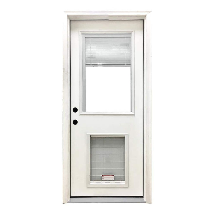 Steves & Sons 32 in. x 80 in. Reliant Series Clear Mini-Blind LHIS White Primed Fiberglass Prehung Front Door with Large Pet Door