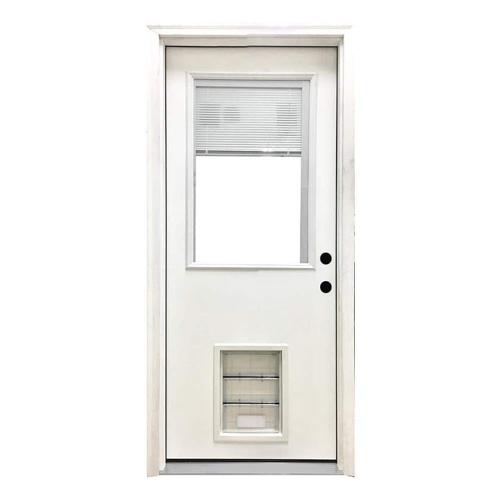 Steves & Sons 36 in. x 80 in. Reliant Series Clear Mini-Blind LHIS White Primed Fiberglass Prehung Front Door with XL Pet Door