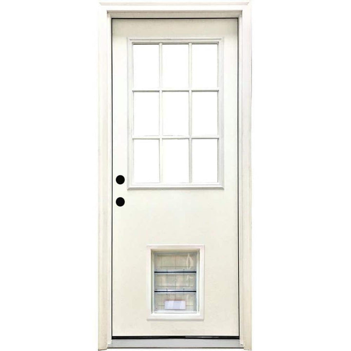 Steves & Sons 32 in. x 80 in. Reliant Series Clear 9-Lite RHIS White Primed Fiberglass Prehung Front Door with Extra Large Pet Door