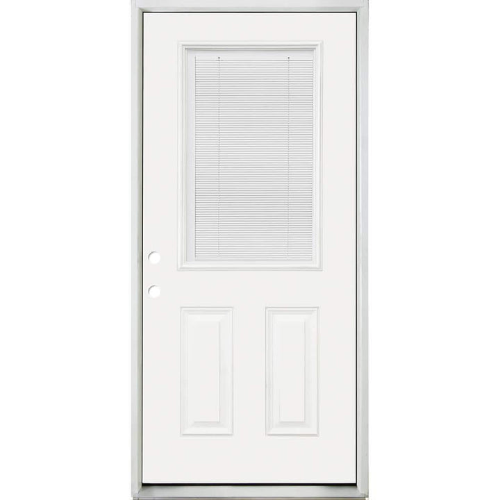 Steves & Sons 36 in. x 80 in. Reliant Clear 1/2 Lite RHIS White Micro-Blind Primed Fiberglass Prehung Front Door with Nickel Hinges