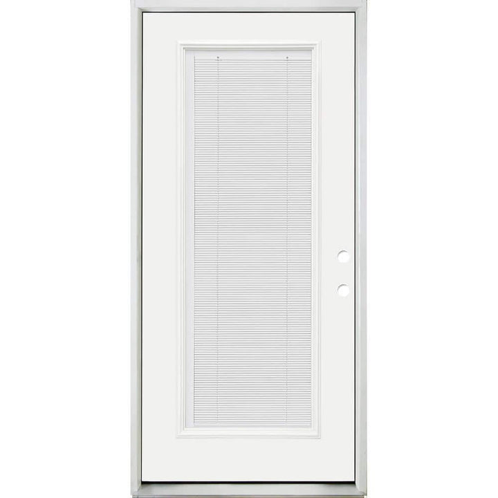 Steves & Sons 32 in. x 80 in. Reliant Clear Full Lite LHIS White Micro-Blind White Primed Fiberglass Prehung Front Door, Nickel Hinges
