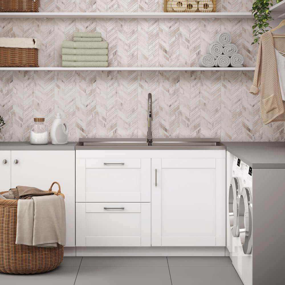 Simpli Home Modern Wide Shaker Transitional 46 in. wall mount Laundry sink with Cabinet Faucet and Stainless Steel Sink in White