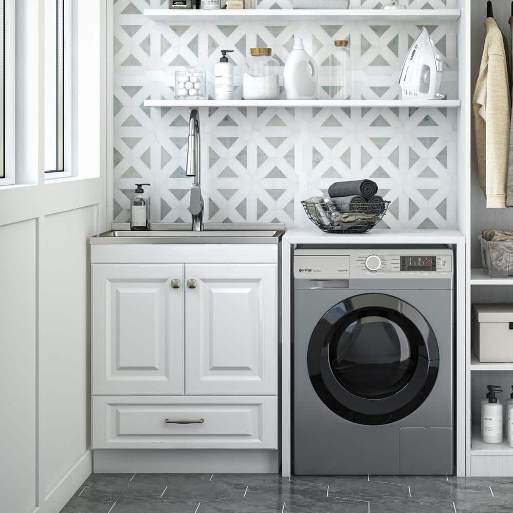 Simpli Home Lawrence Transitional 28 in. Wall Mount Laundry Sink with Cabinet Faucet and Stainless Steel Sink in Laundry White